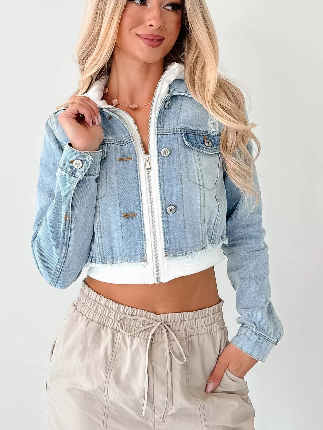 Distressed Zip Up Cropped Hooded Denim Jacket 