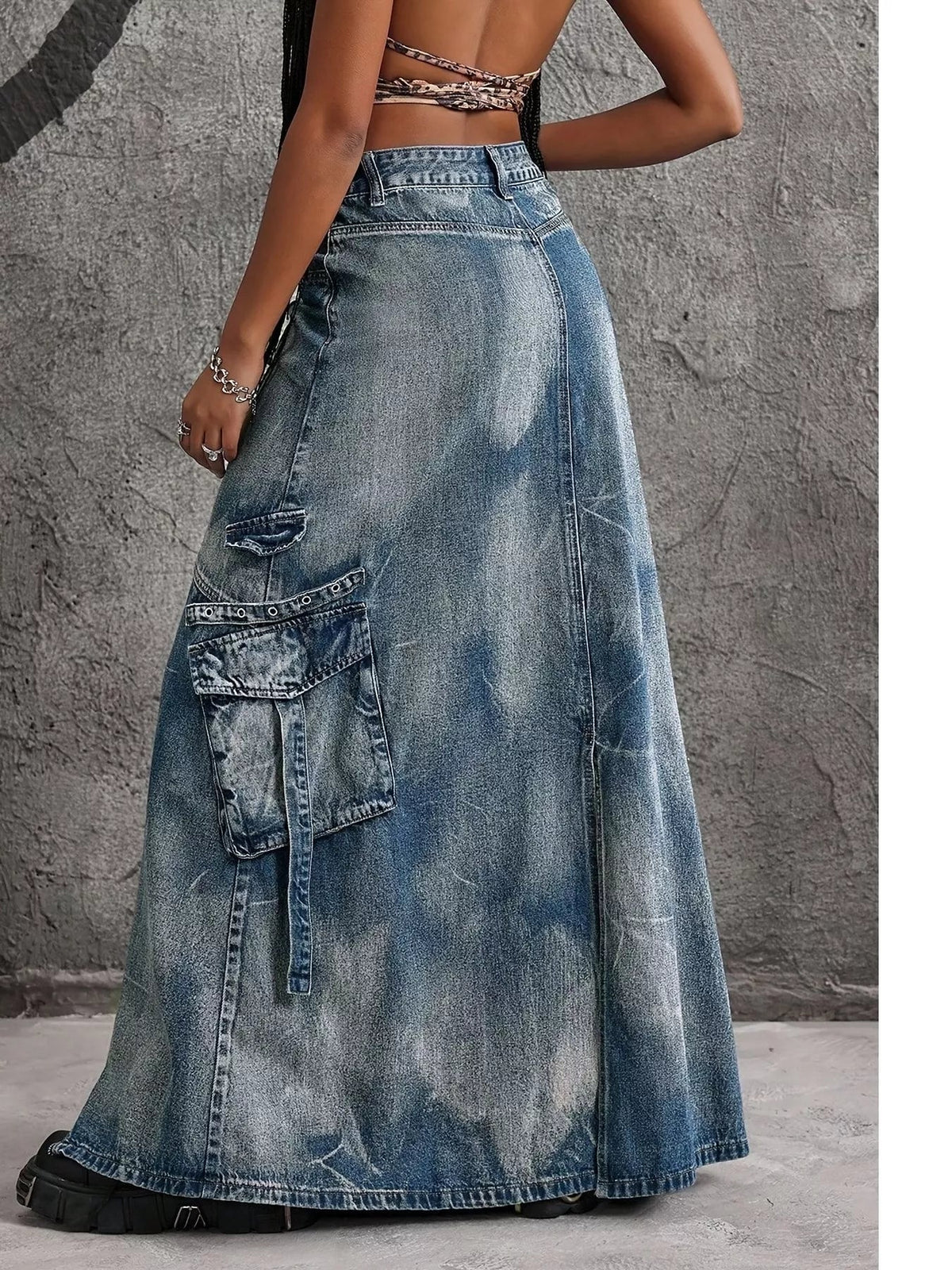 High-Waisted Denim Maxi Skirt with Zipper Slit Trendsi