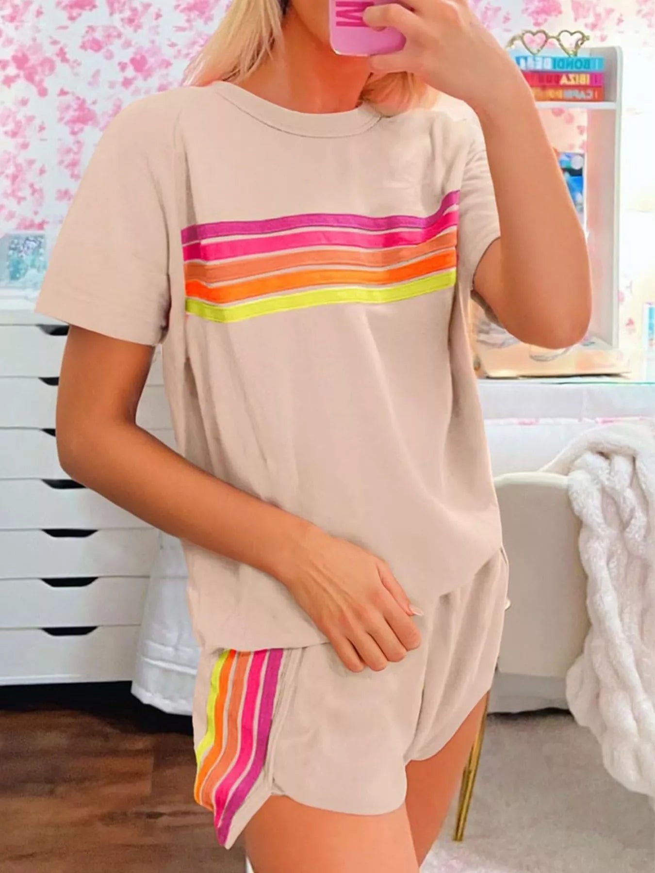 Rainbow Striped Round Neck Top and Shorts Set Trendsi