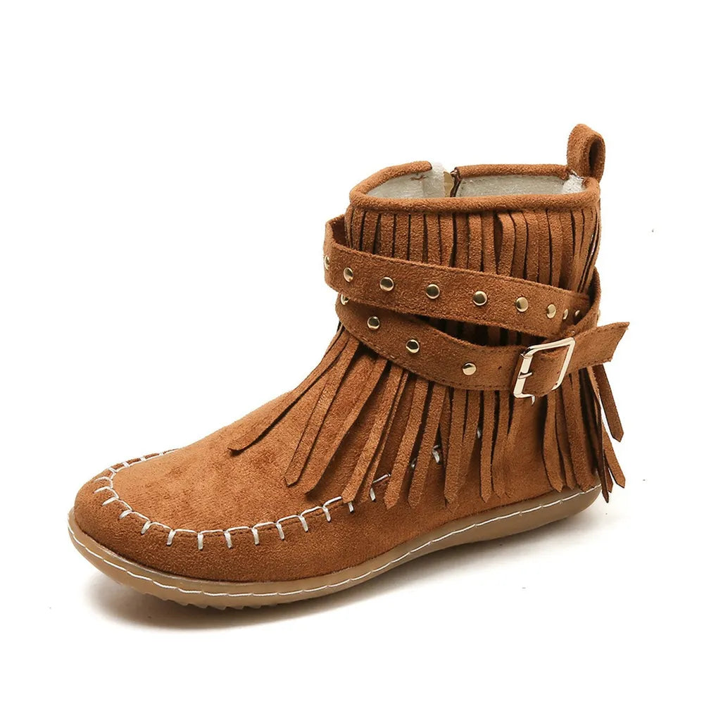 Fringe Studded Suede Flat Boots 