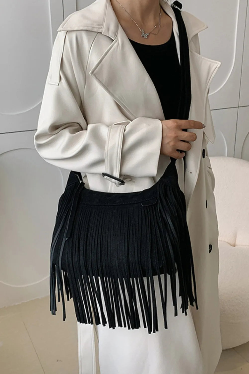 Suede Fringe Adjustable Strap Shoulder Bag 