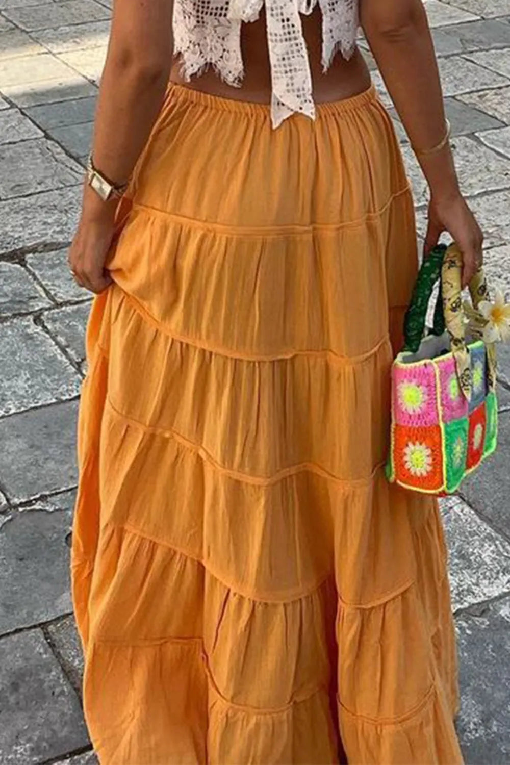 Bohemian Tiered Maxi Skirt with Drawstring Waist 