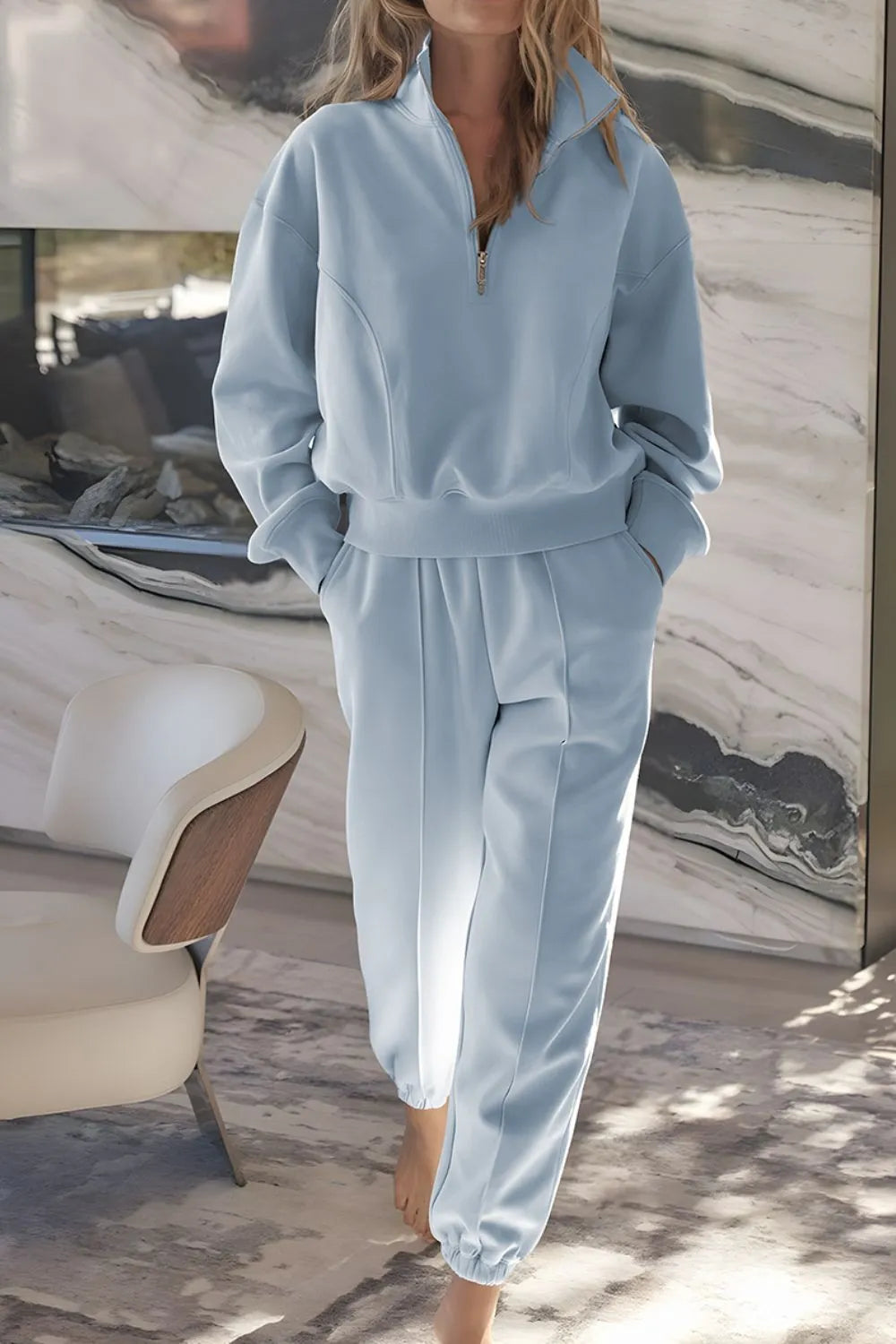 Half Zip Long Sleeve Top and Joggers Set Trendsi