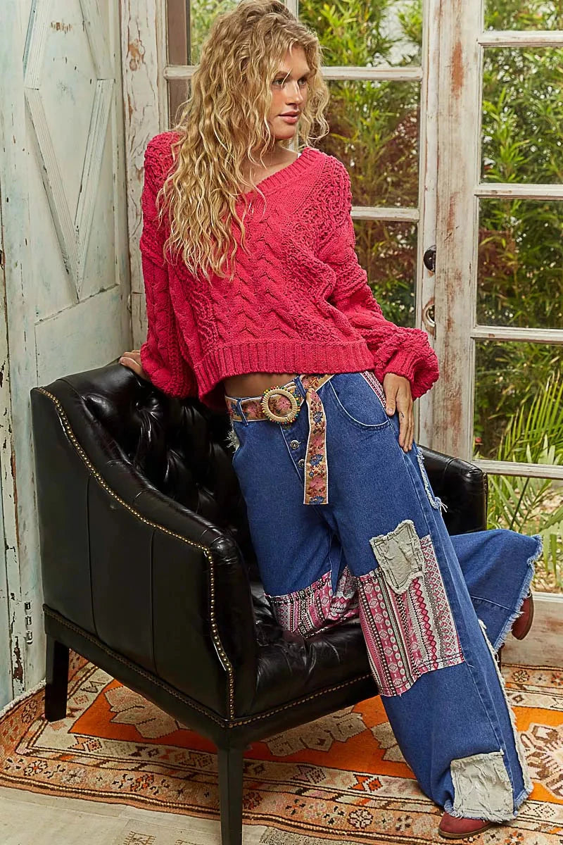 POL Cable-Knit Solid V-Neck Cropped Sweater 