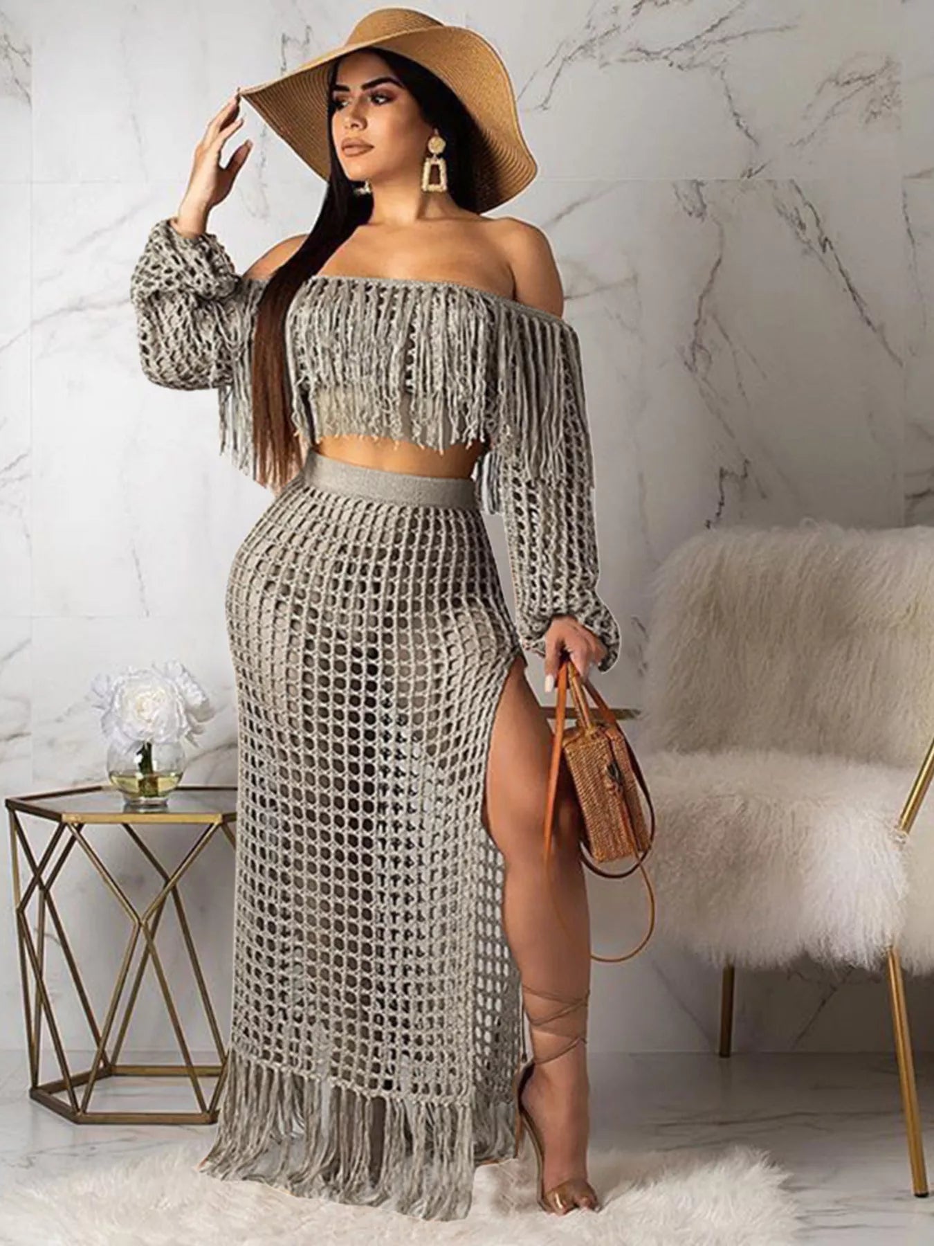 Full Size Crochet Off-Shoulder Fringe Top and Skirt Set Plus Size Trendsi