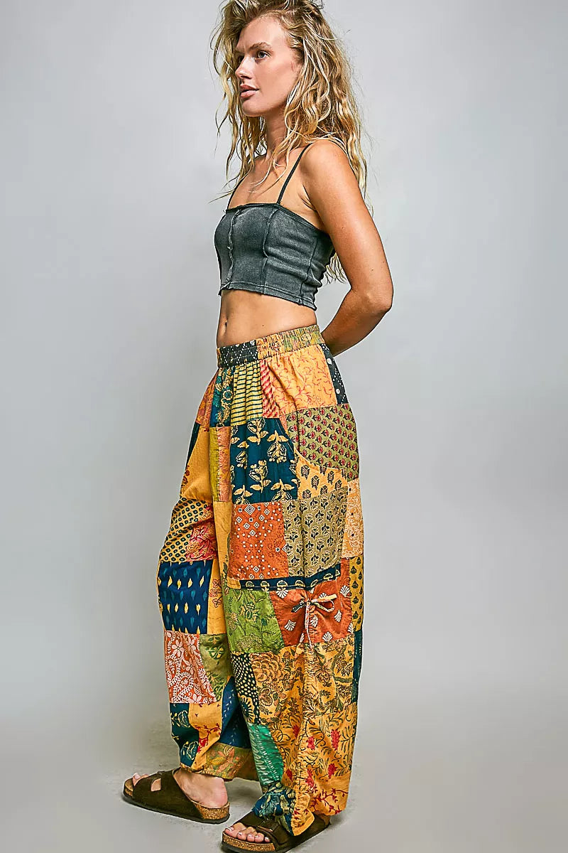 POL Printed Patchwork Wide Leg Pants with Adjustable Side Drawstring Trendsi