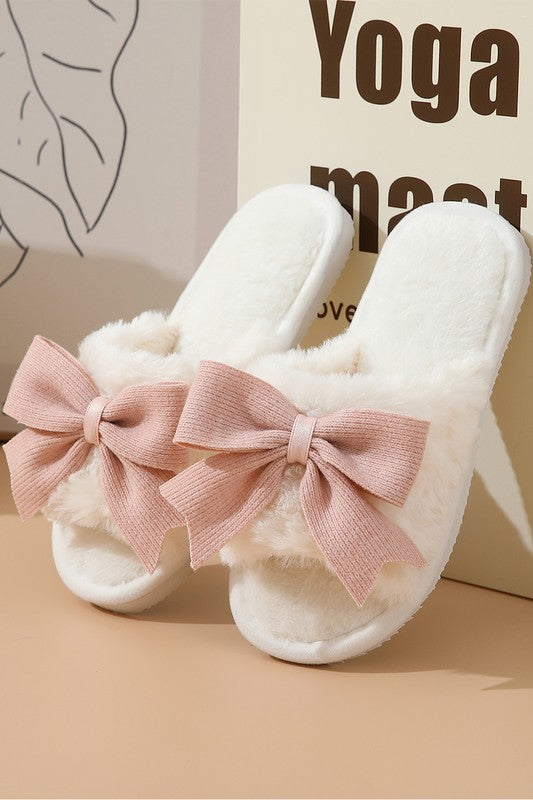 White Bow Knot Decor Open Toe Plush Slippers 