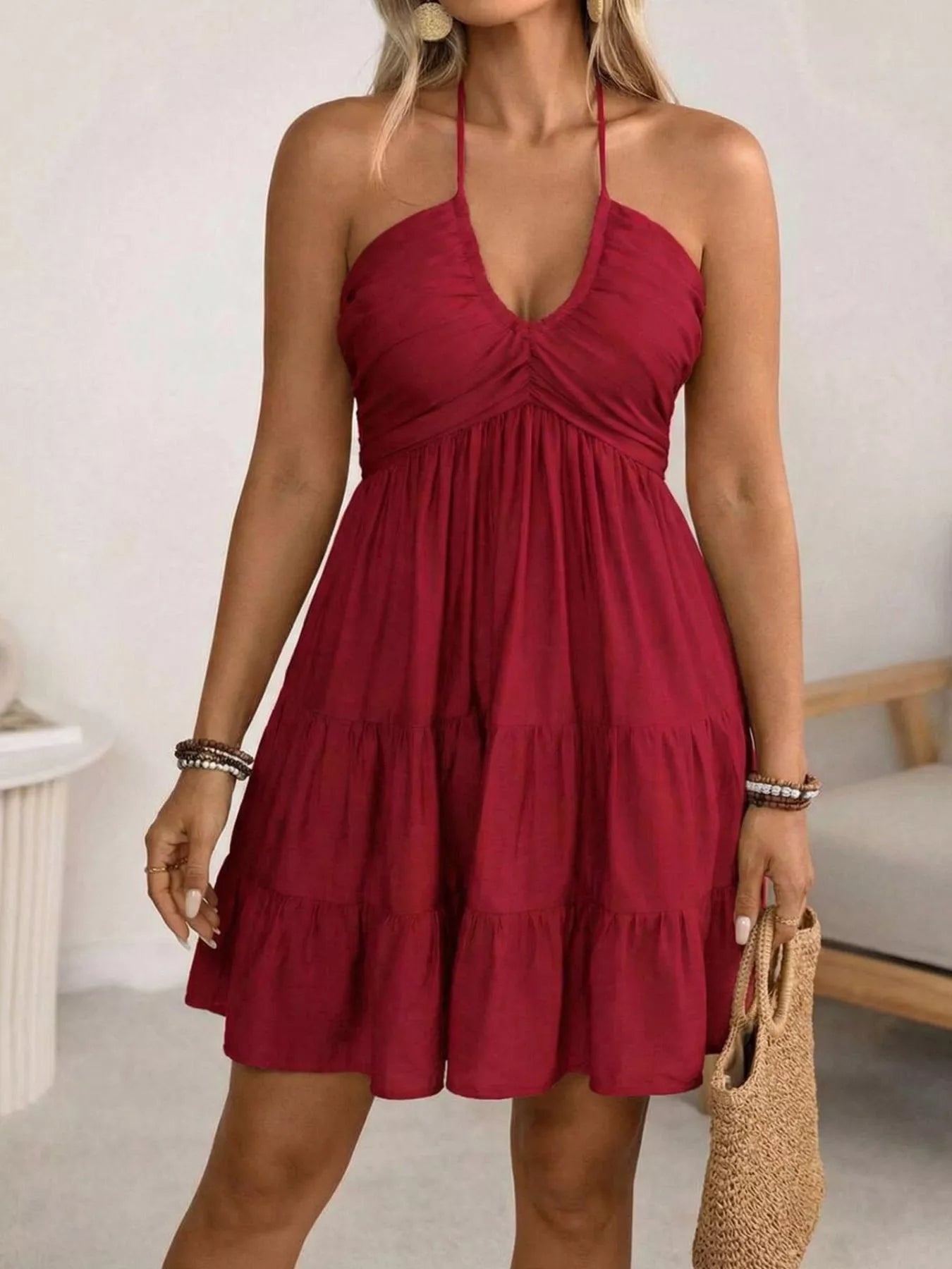 Plus Size Halter Neck Tiered Ruffle Hem Mini Dress Luckygirlsclothingcompany.com