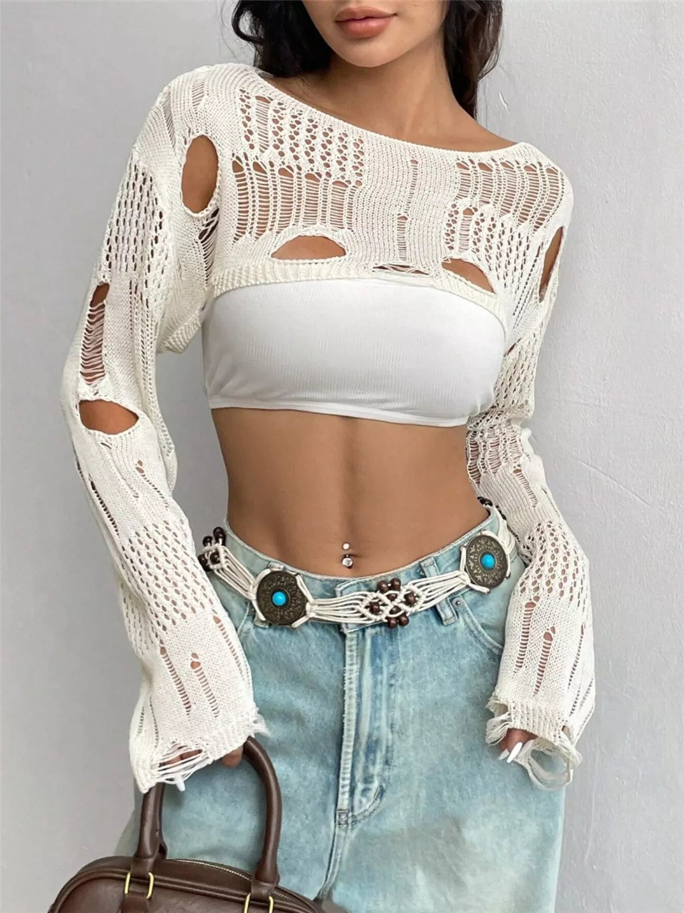 Distressed Cropped Knit Cover Up Trendsi
