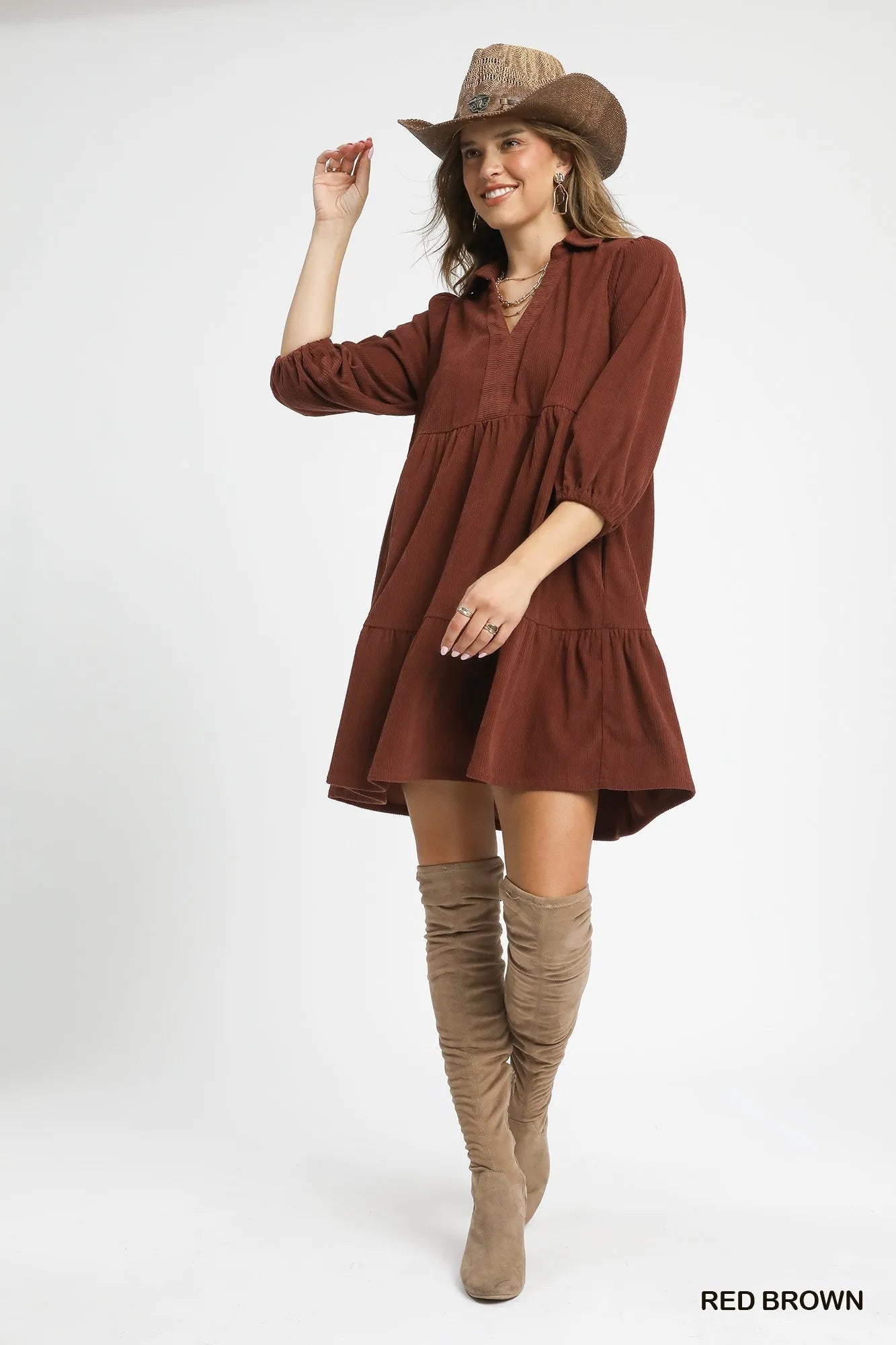 Umgee Tiered Corduroy Mini Dress with Balloon Sleeves Trendsi