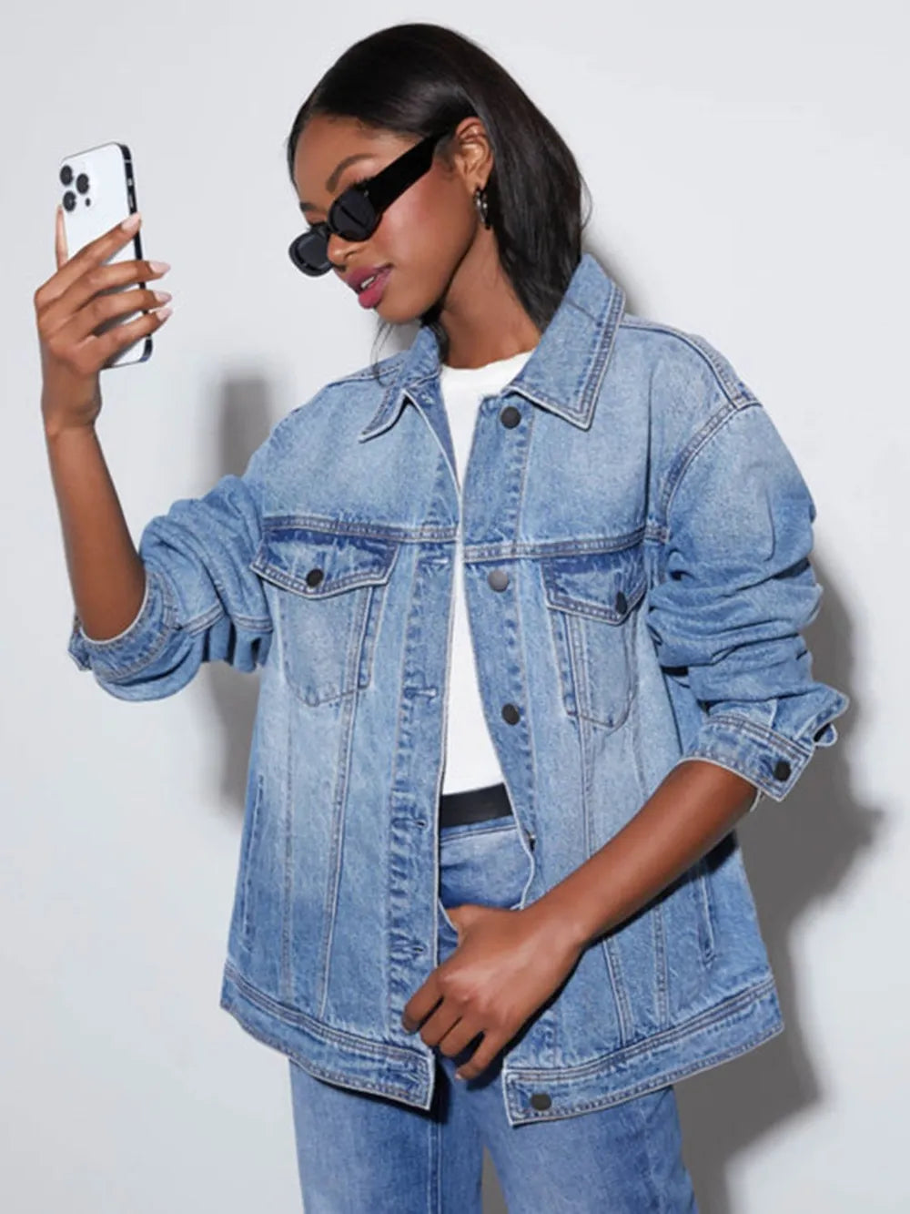 Button Up Collared Neck Denim Jacket 