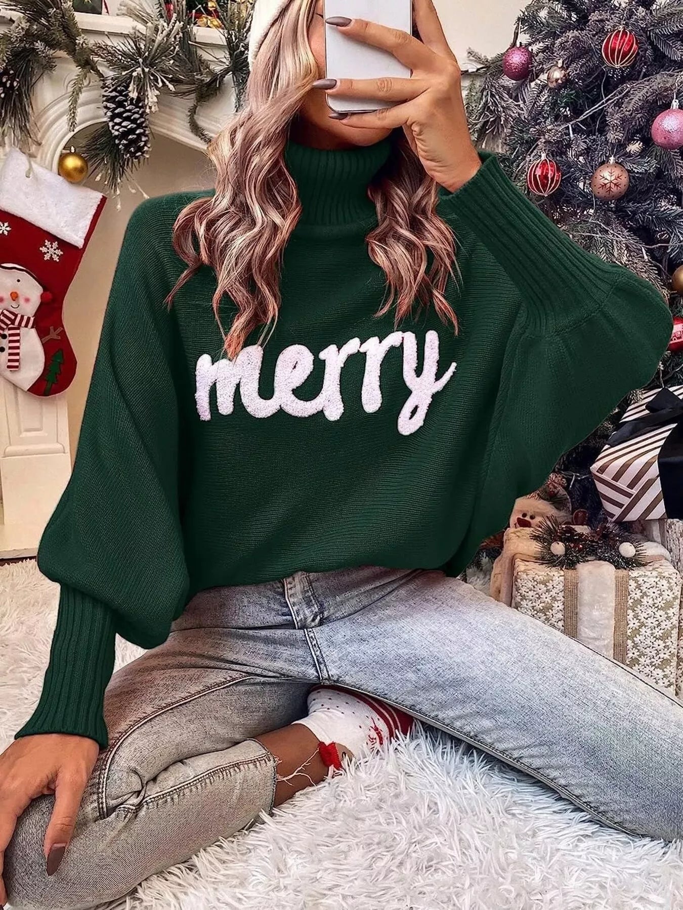 Merry Turtleneck Long Sleeve Christmas Sweater Trendsi