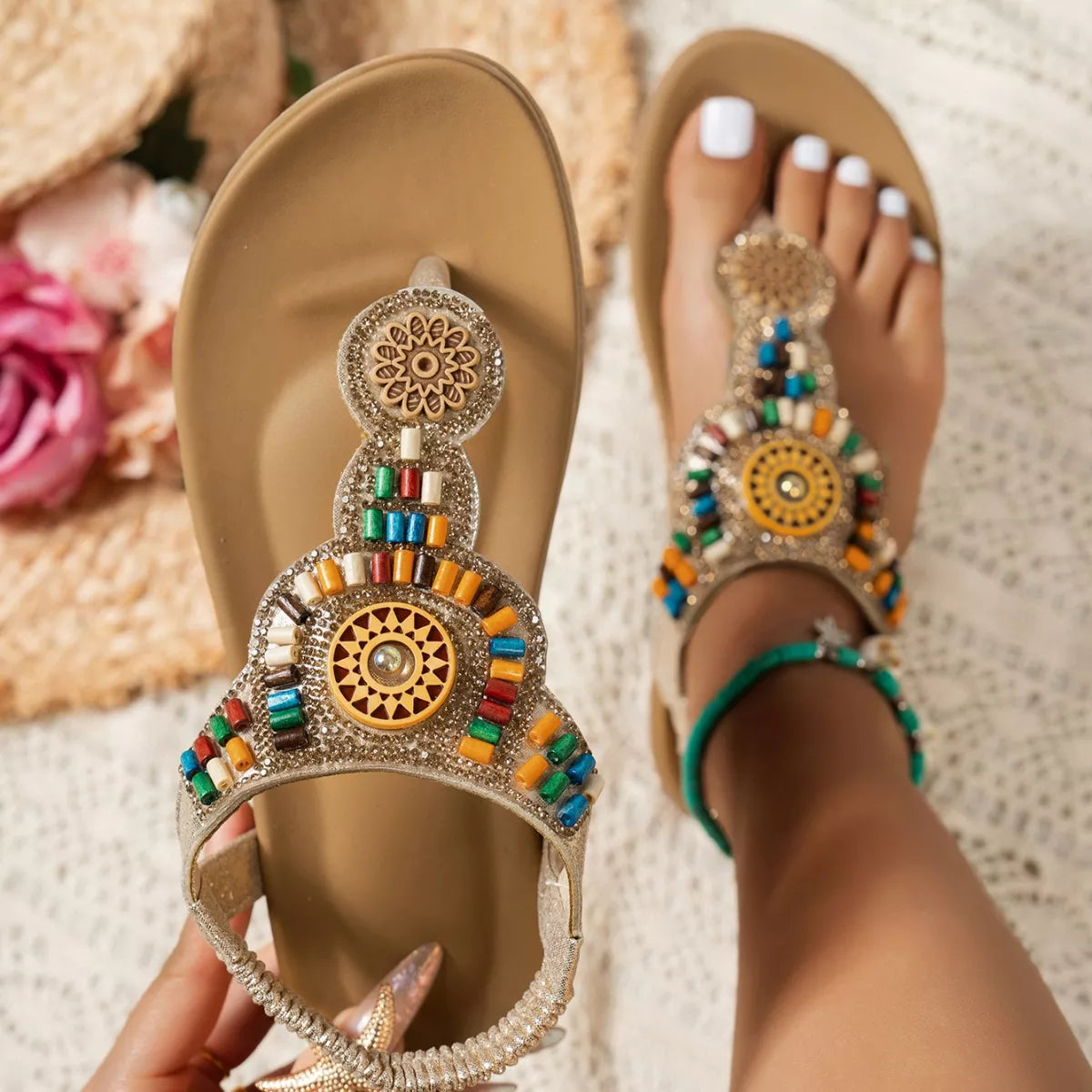 Beaded Toe Post Sandals 