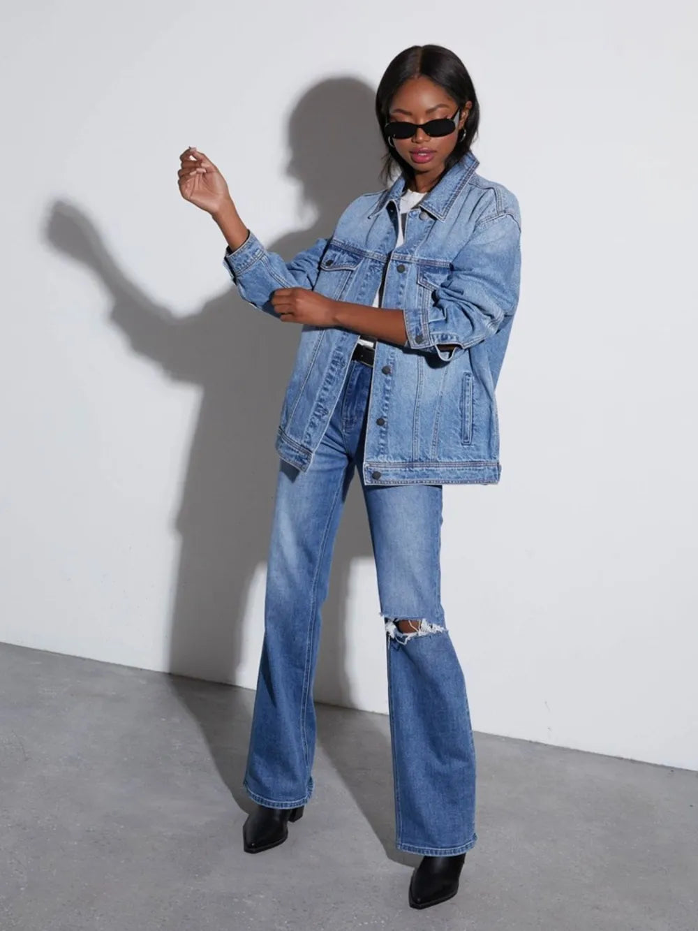 Button Up Collared Neck Denim Jacket 