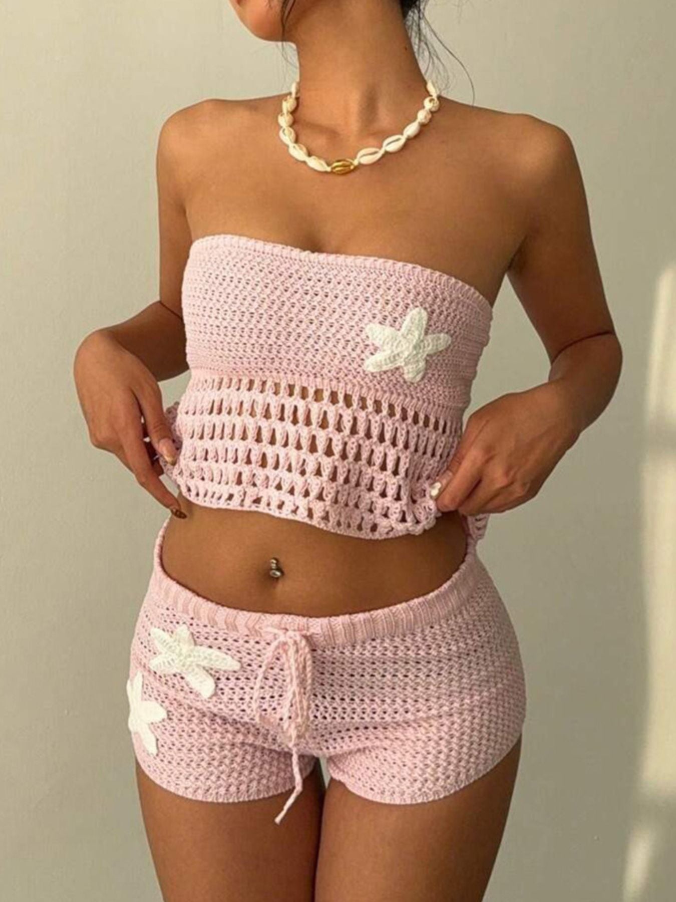 Crochet Tube Top and Shorts Sweater Set 