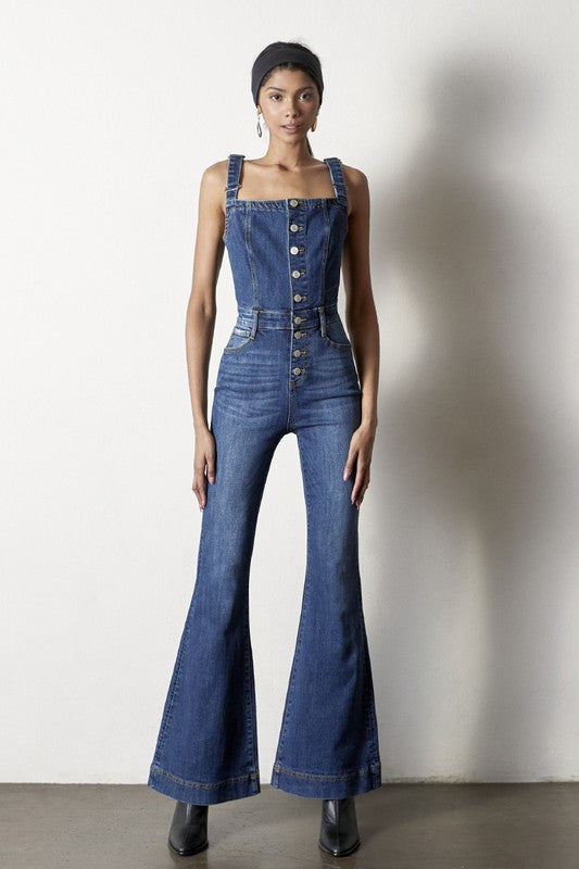 Front Buttons Flare Denim Overalls Denim Lab USA