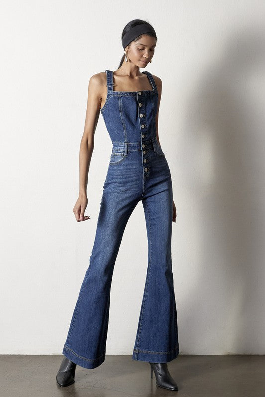 Front Buttons Flare Denim Overalls Denim Lab USA