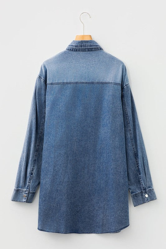 Solid Denim Chest Pocket Raw Hem Shirt Dress 