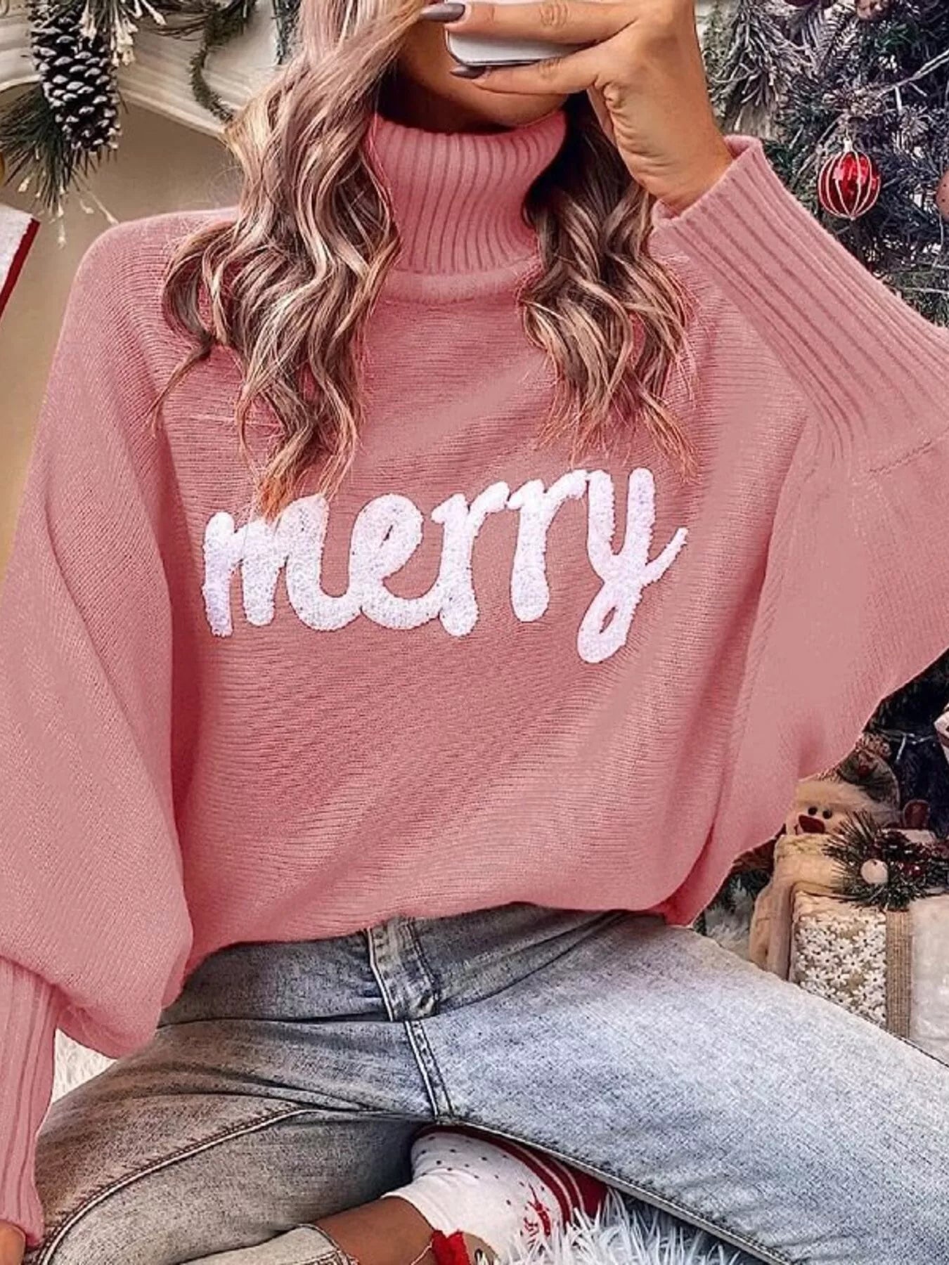 Merry Turtleneck Long Sleeve Christmas Sweater Trendsi