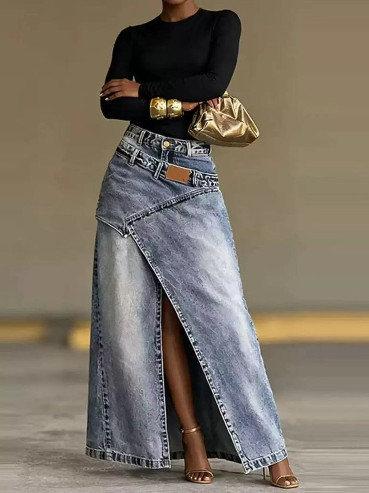 High-Waisted Asymmetric Slit Denim Maxi Skirt Trendsi
