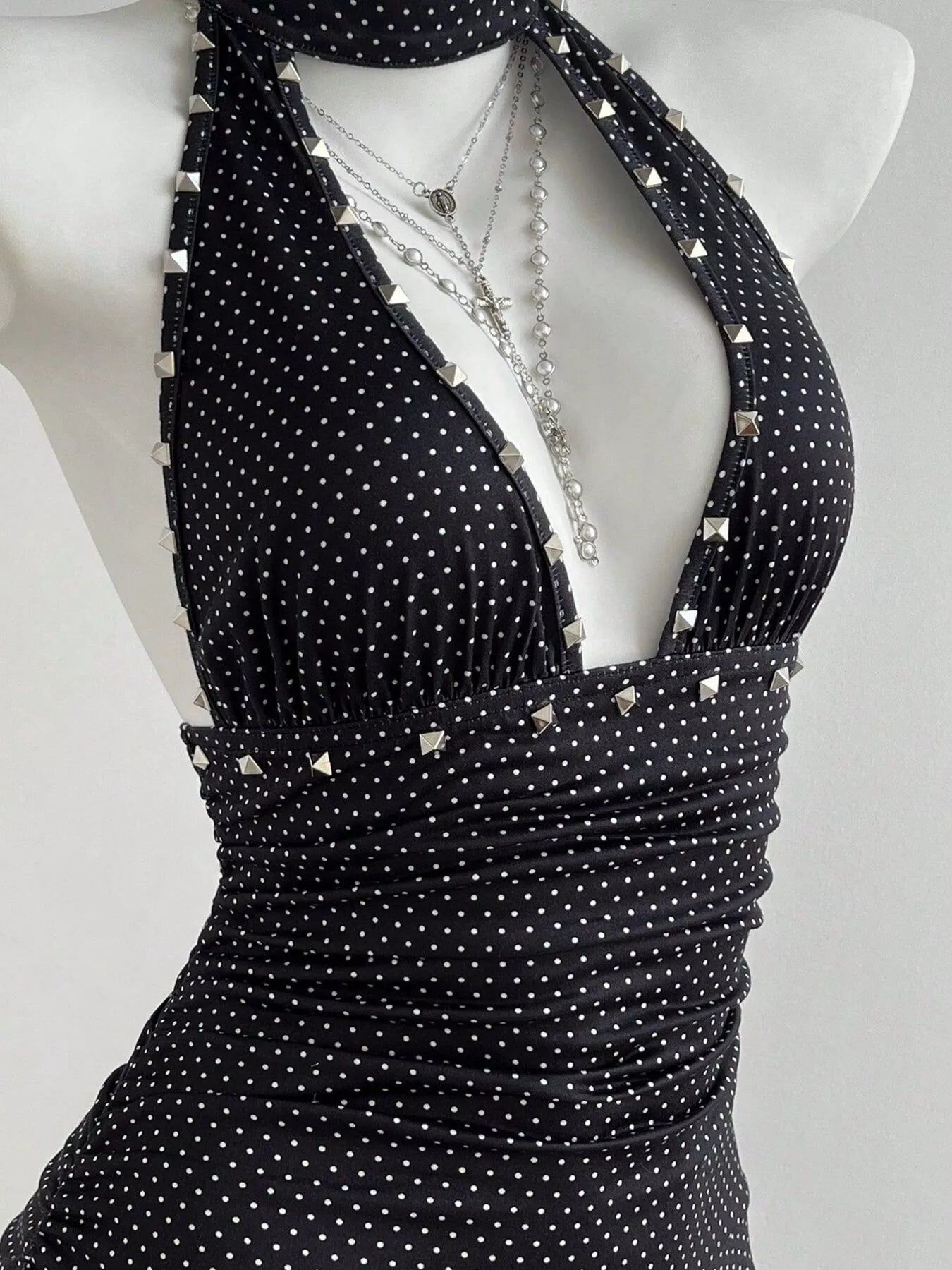 Polka Dot Cutout Front Halter Neck Dress Trendsi