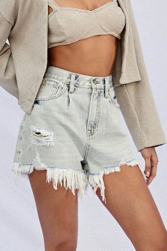 High Rise Frayed Denim Shorts Denim Lab USA