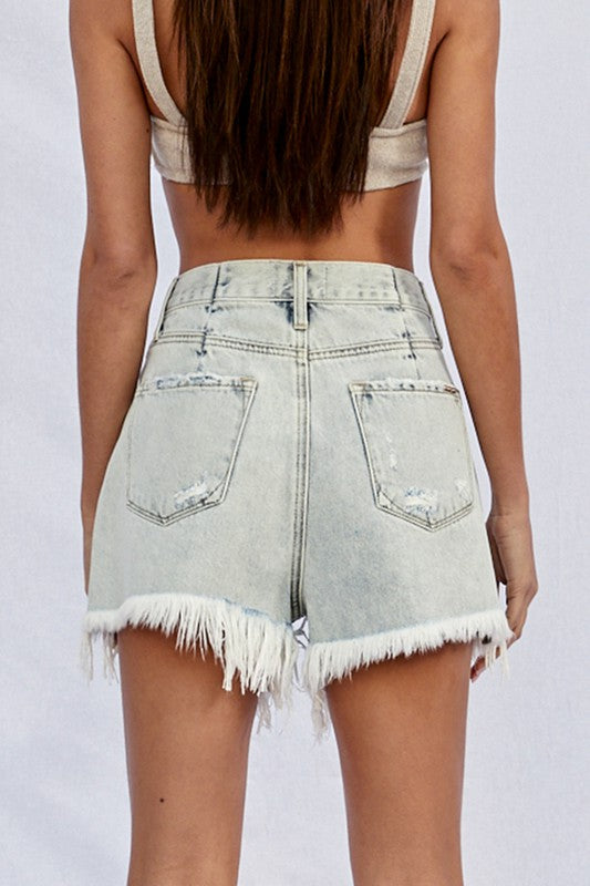 High Rise Frayed Denim Shorts Denim Lab USA