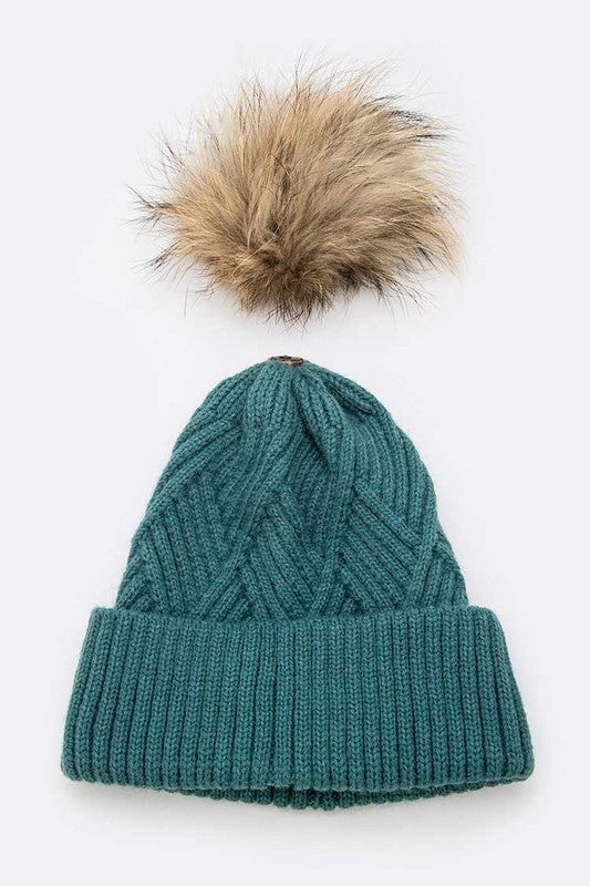 Raised Knit Raccoon Fur Pom Beanie LA Jewelry Plaza