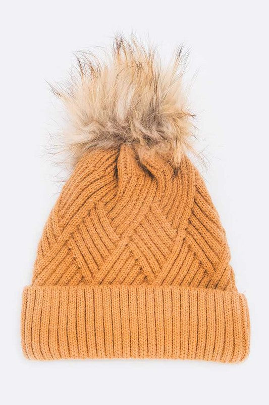 Raised Knit Raccoon Fur Pom Beanie LA Jewelry Plaza