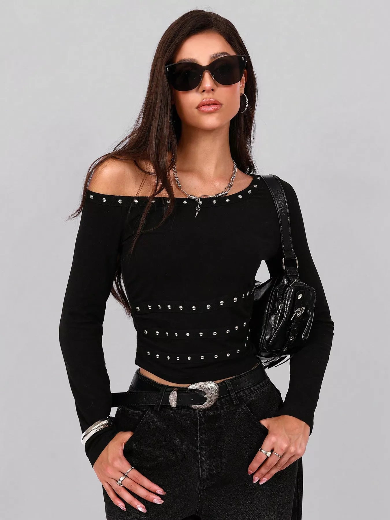 Studded One Shoulder Long Sleeve T-Shirt Trendsi