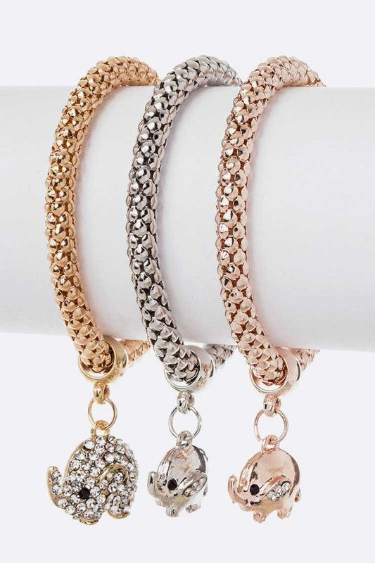 Elephant Charm 3 Tone Popcorn Bracelet Set LA Jewelry Plaza