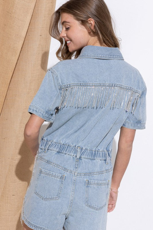 Washed Denim Overall Romper Blue B