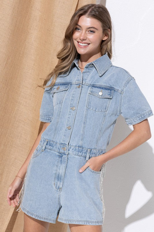 Washed Denim Overall Romper Blue B