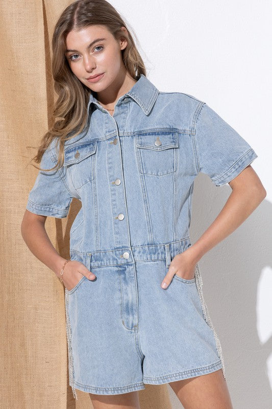 Washed Denim Overall Romper Blue B