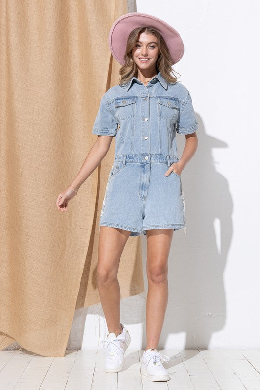 Washed Denim Overall Romper Blue B