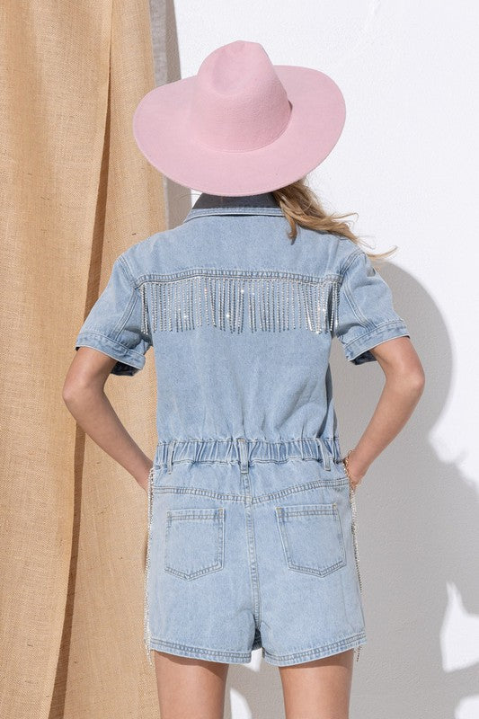 Washed Denim Overall Romper Blue B