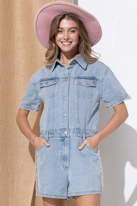 Washed Denim Overall Romper Blue B