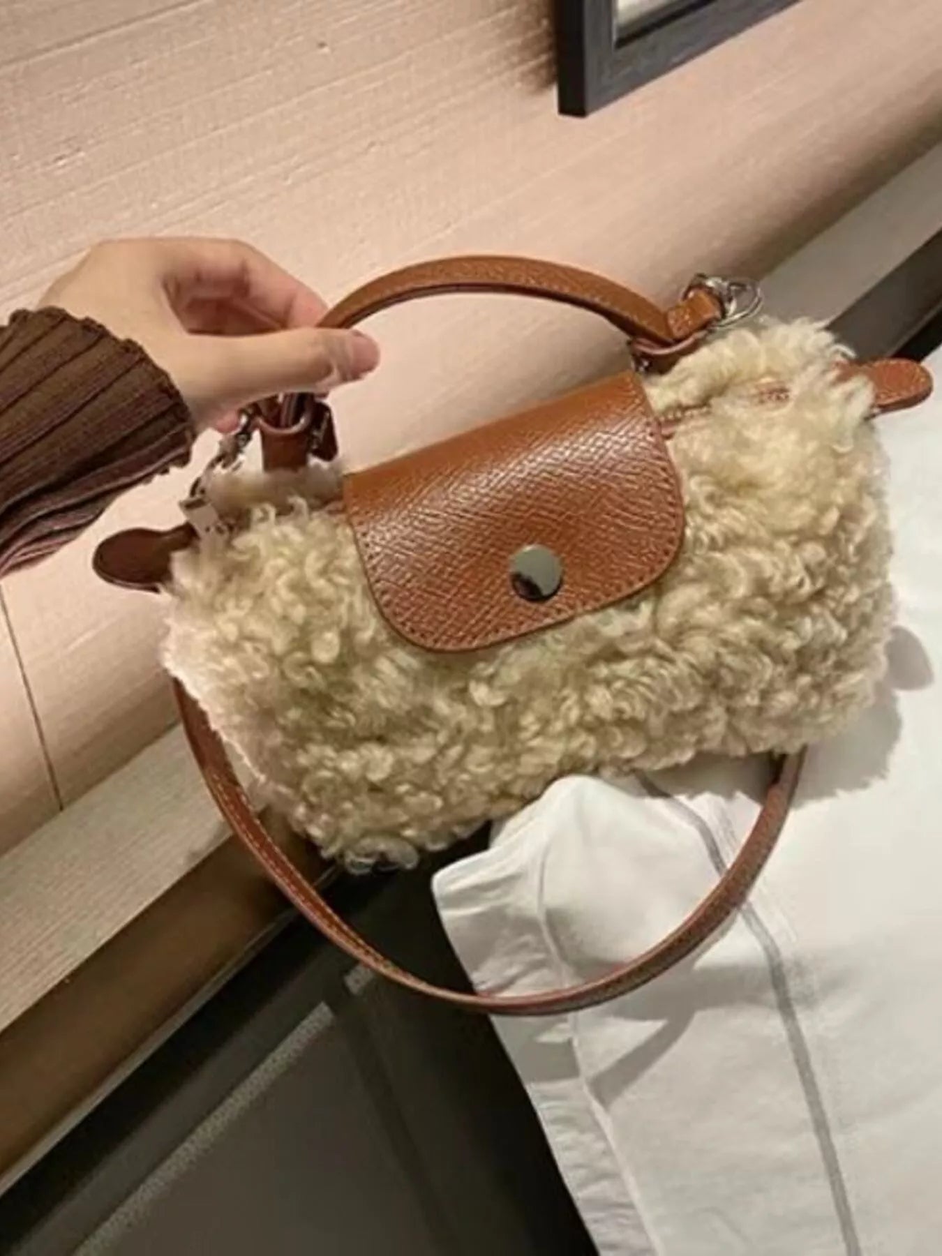 Fluffy Crossbody Bag with Leather Accents 
