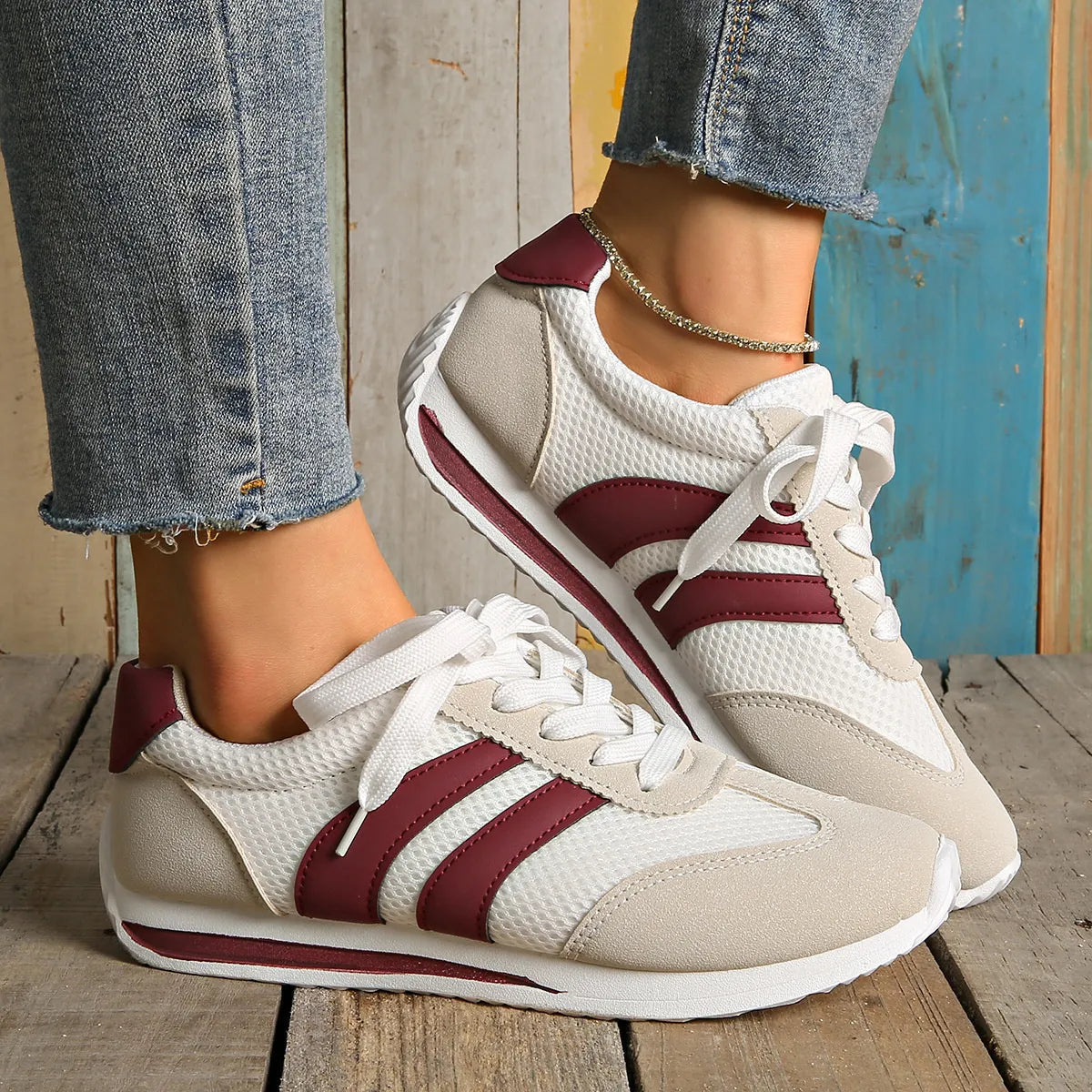 Striped Contrast Mesh Lace Up Sneakers 