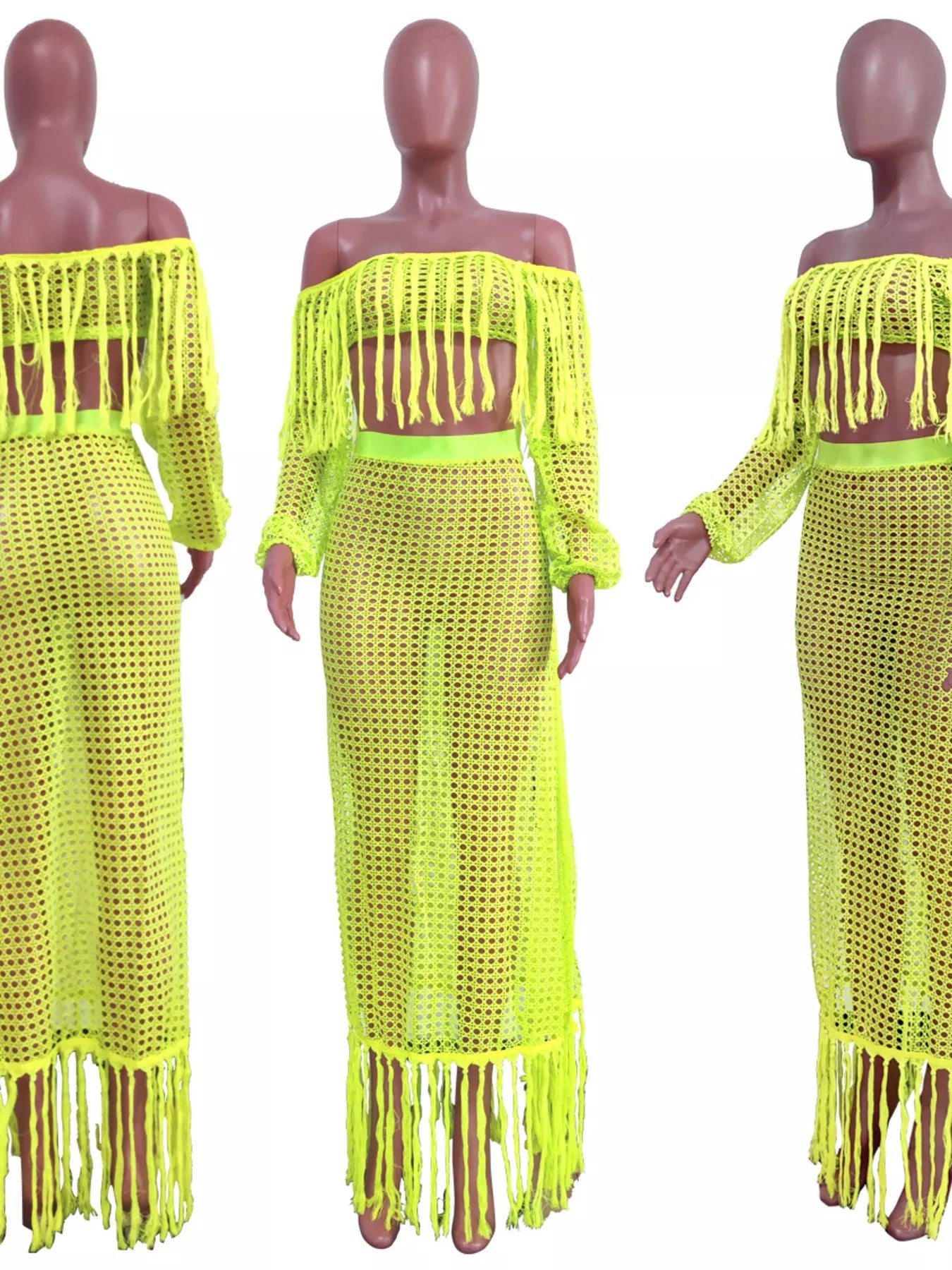 Full Size Crochet Off-Shoulder Fringe Top and Skirt Set Plus Size Trendsi