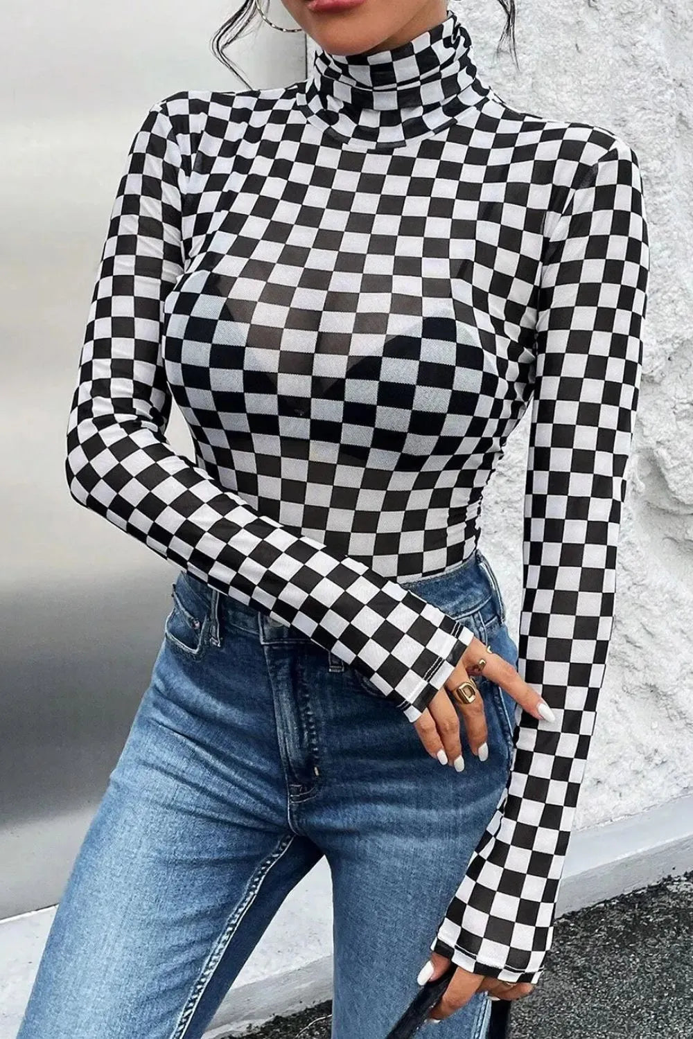 Checkered Turtleneck Long Sleeve Bodysuit 