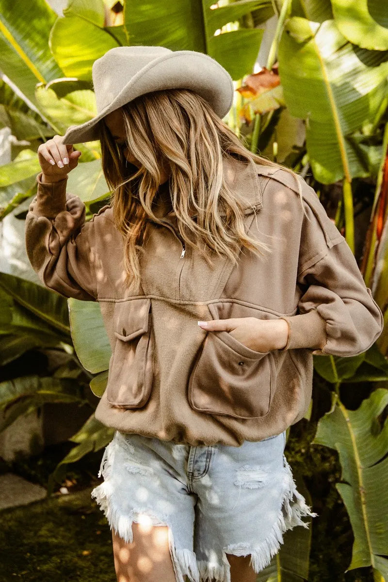 BiBi Half Zip Vintage Washed Fleece Pullover Trendsi