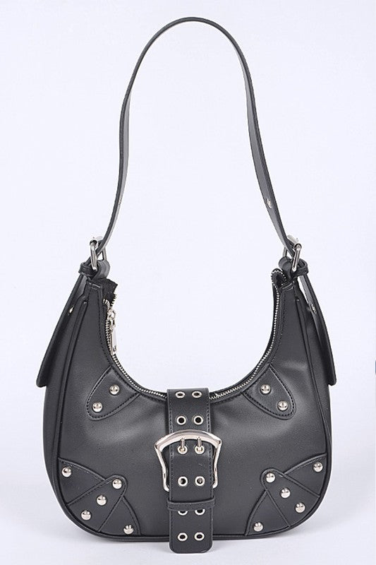 Vegan Leather Buckle Accent Shoulder Bag 