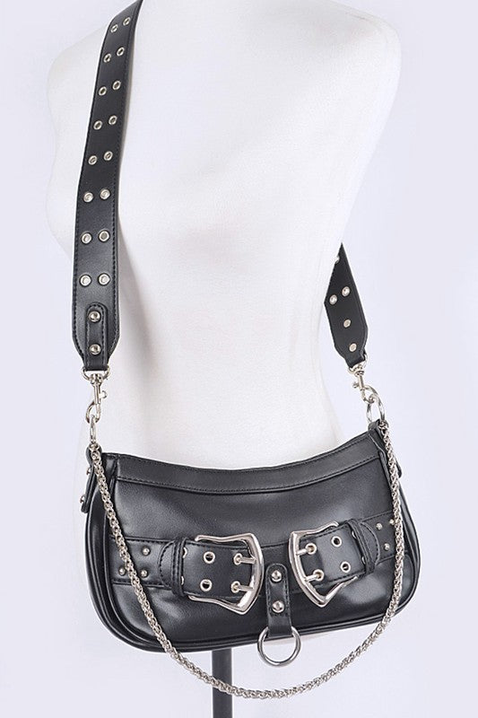 Vegan Leather Convertible Studded Shoulder Bag 