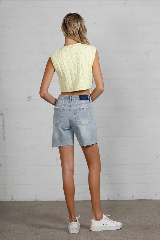 Button Down Raw Hem Denim Shorts Denim Lab USA