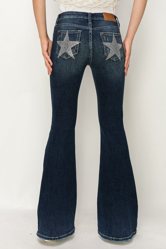 MID RISE FLARE STAR RHINESTONE ON POCKETS JEANS Artemis Vintage