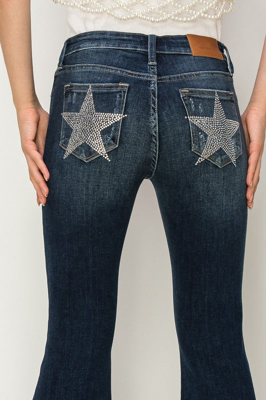 MID RISE FLARE STAR RHINESTONE ON POCKETS JEANS Artemis Vintage