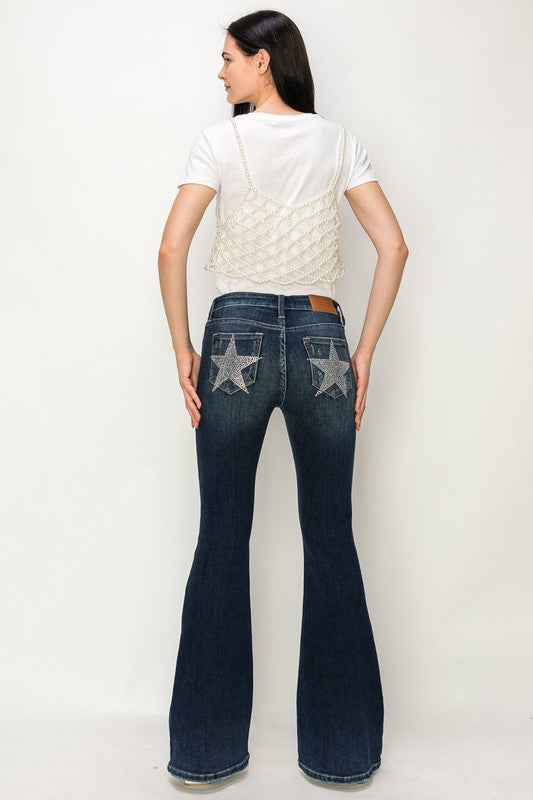 MID RISE FLARE STAR RHINESTONE ON POCKETS JEANS Artemis Vintage