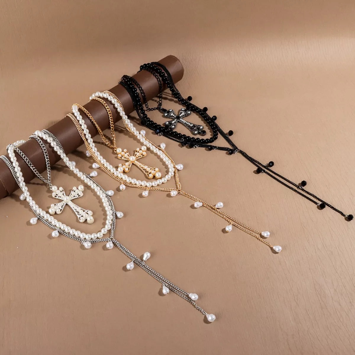 Pearl Cross Pendant Necklace 3 Piece Set Trendsi
