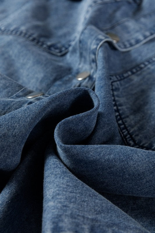 Solid Denim Chest Pocket Raw Hem Shirt Dress 